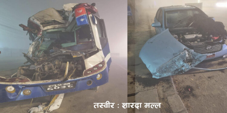 भैरहवामा राेकिएको ट्रकमा कार र बस ठोक्किए, एकको मृत्यु